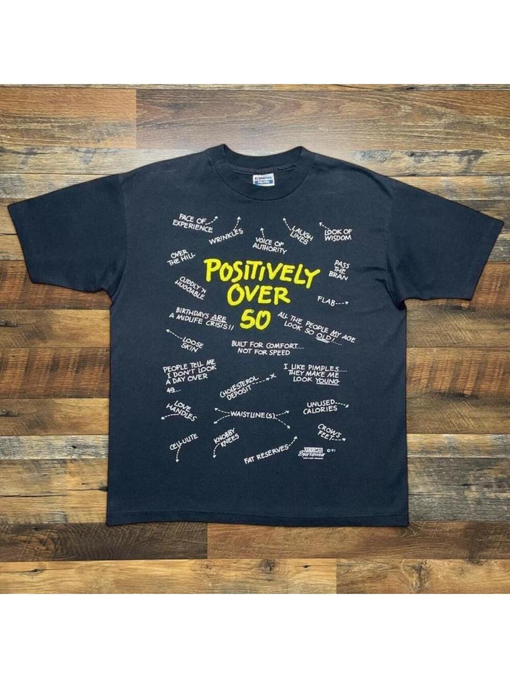 Vintage “Positively Over 50” T-Shirt Humor AOP Single Stitch Mens XL.